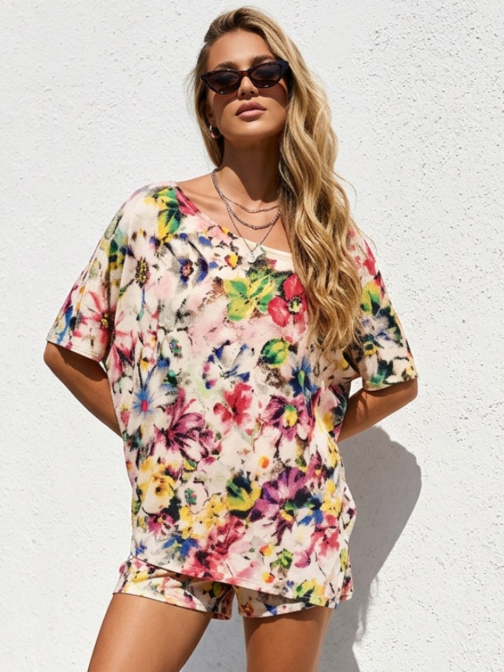 DELETTA Anthropologie Dolman Ribbed Asymetrical Floral Boho Blouse Top